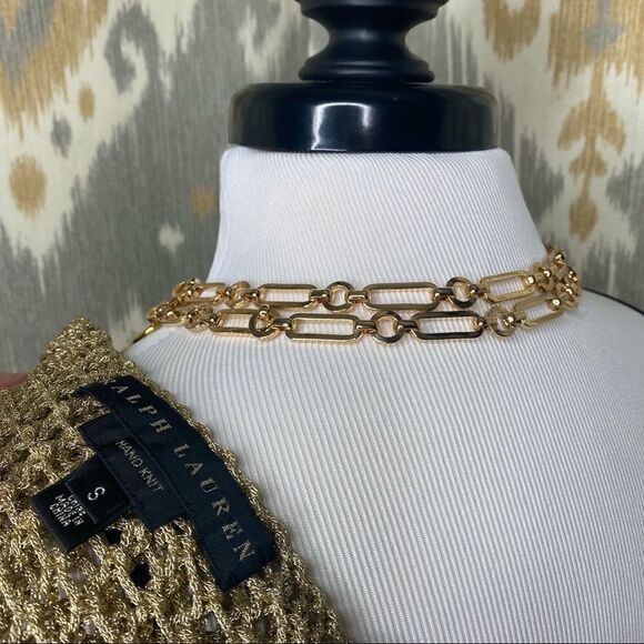 Ralph Lauren Gold Lame Open Hand Knit Mesh Sleeveless Scoop-neck Tank Sweater - Picture 2 of 16